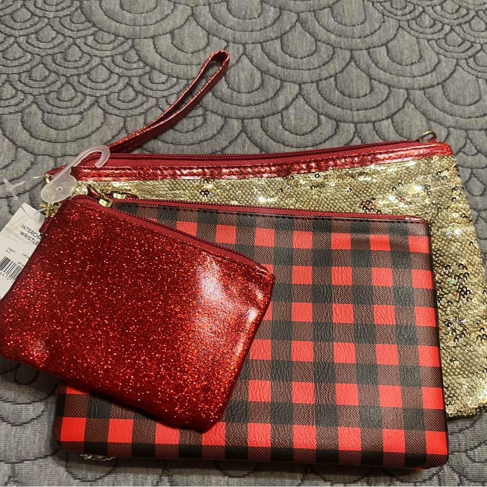 Holiday Pouch (3pc) red, gold, and checkered